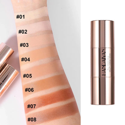Blushimmer double-head face bronzer contour stick with brush, featuring light and dark cream shades for contouring and facial brightening.
