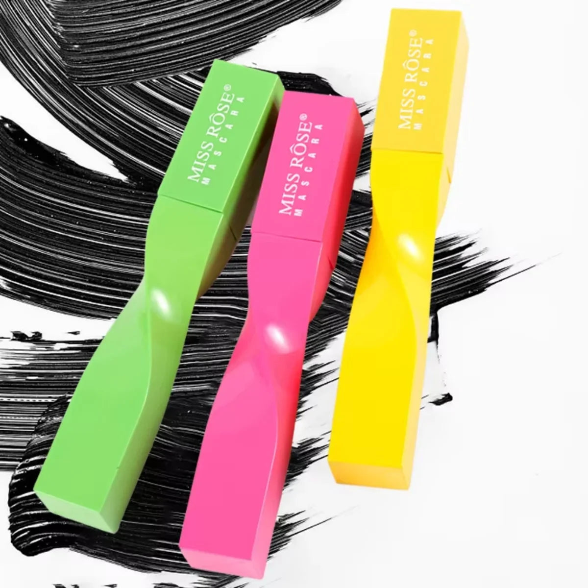 Miss Rose 5D Extreme Volume Waterproof Mascara by Blushimmer showing the sleek black tube and wand applicator with curled lashes