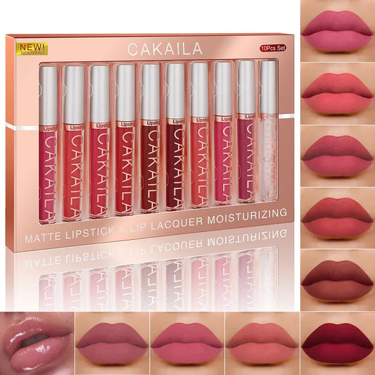 Set of 10 nude matte liquid lipsticks by Blushimmer, waterproof, long-lasting, moisturizing velvet lip gloss for women.