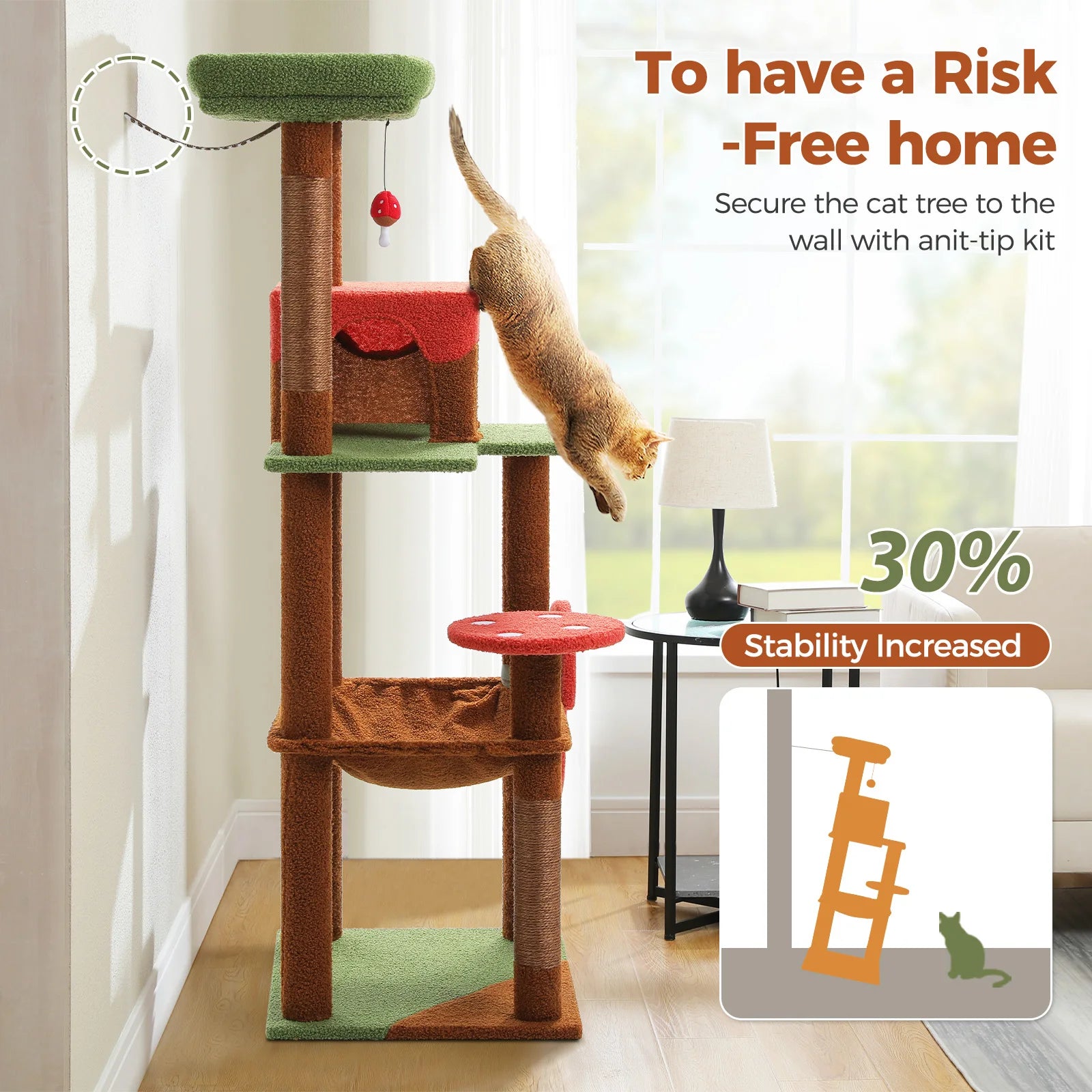 Multi-level Aiwang Pet Products cat tree with scratching posts, hammock, and mushroom-shaped condo for indoor cats.