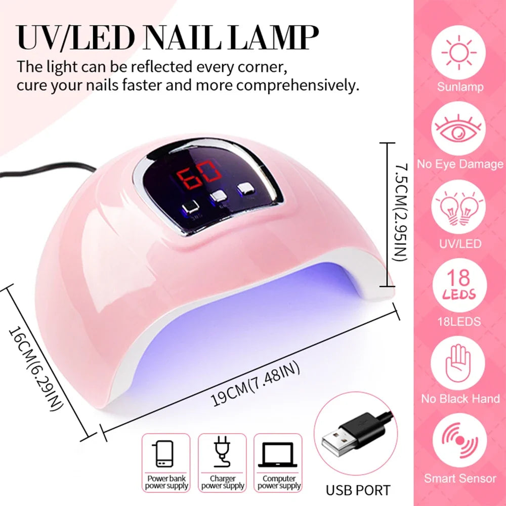 Set of 18 Blushimmer gel nail polishes with glitter, UV light, base and top coat, nail art stickers, and manicure tools for salon or home use.
