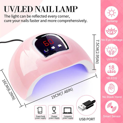 Set of 18 Blushimmer gel nail polishes with glitter, UV light, base and top coat, nail art stickers, and manicure tools for salon or home use.