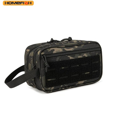 Blushimmer tactical toiletry bag for men with multiple compartments, Molle pouches, shaving kit, travel shower, and makeup storage.