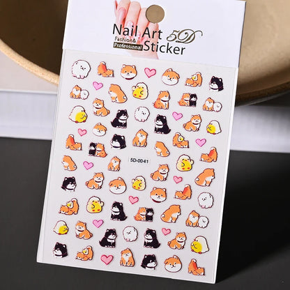 Blushimmer cat and dog 3D animal nail decals featuring cute puppy and kitty cartoon designs for Y2K style nail art.