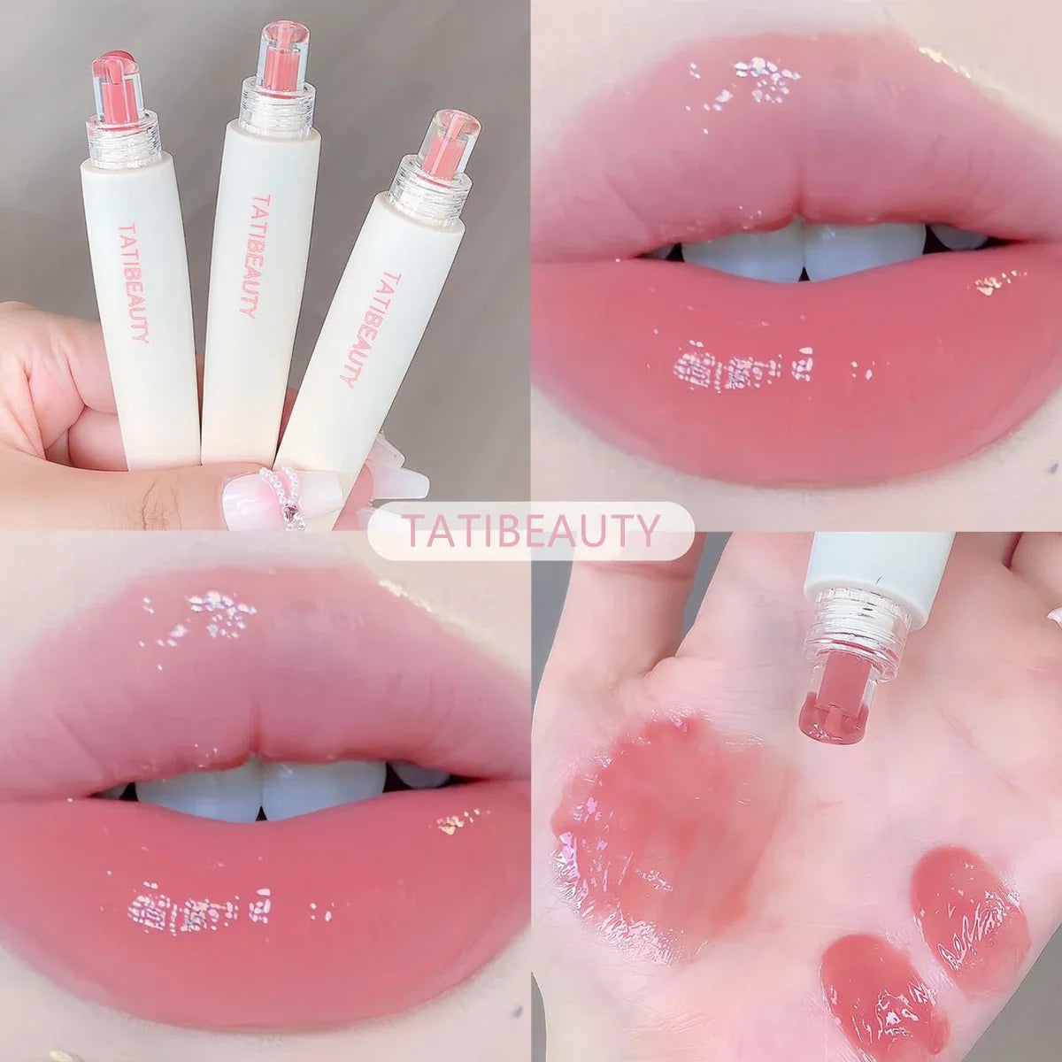 Blushimmer Tatibeauty Lip Jelly Essence Tender Pink hydrating lip gloss with a glossy finish, in a clear container with pink tint.