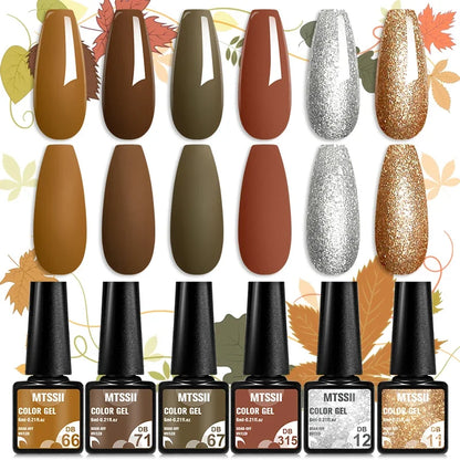 Blushimmer MTSSII 6-piece set of sparkly red gel nail polish bottles with shiny finish for LED and UV nail art and manicure.