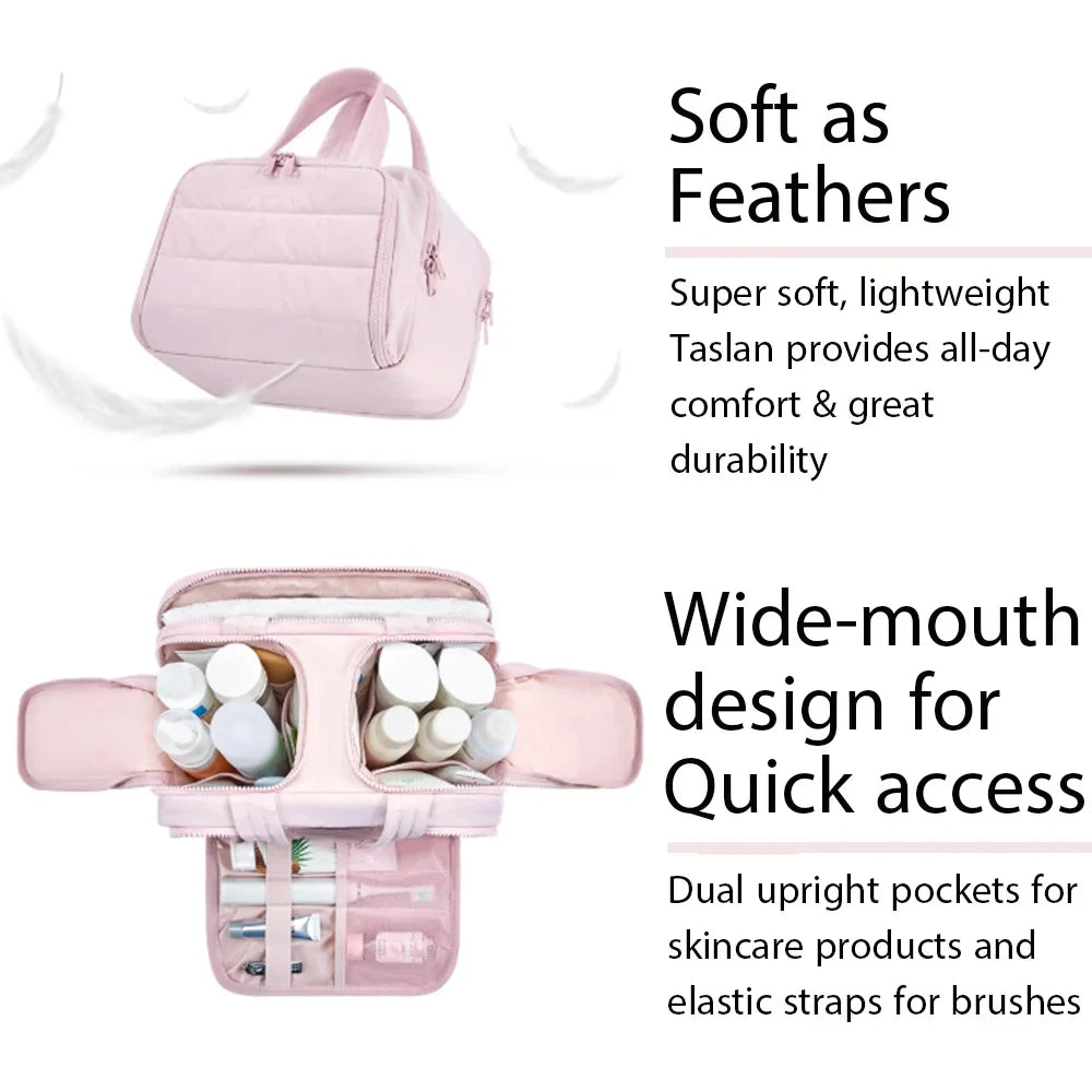 Large waterproof Blushimmer cosmetic bag with multiple compartments, ideal for travel toiletries and makeup organization.