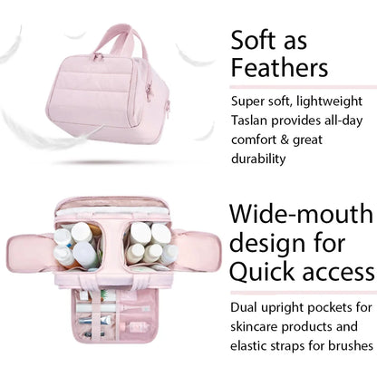 Large waterproof Blushimmer cosmetic bag with multiple compartments, ideal for travel toiletries and makeup organization.