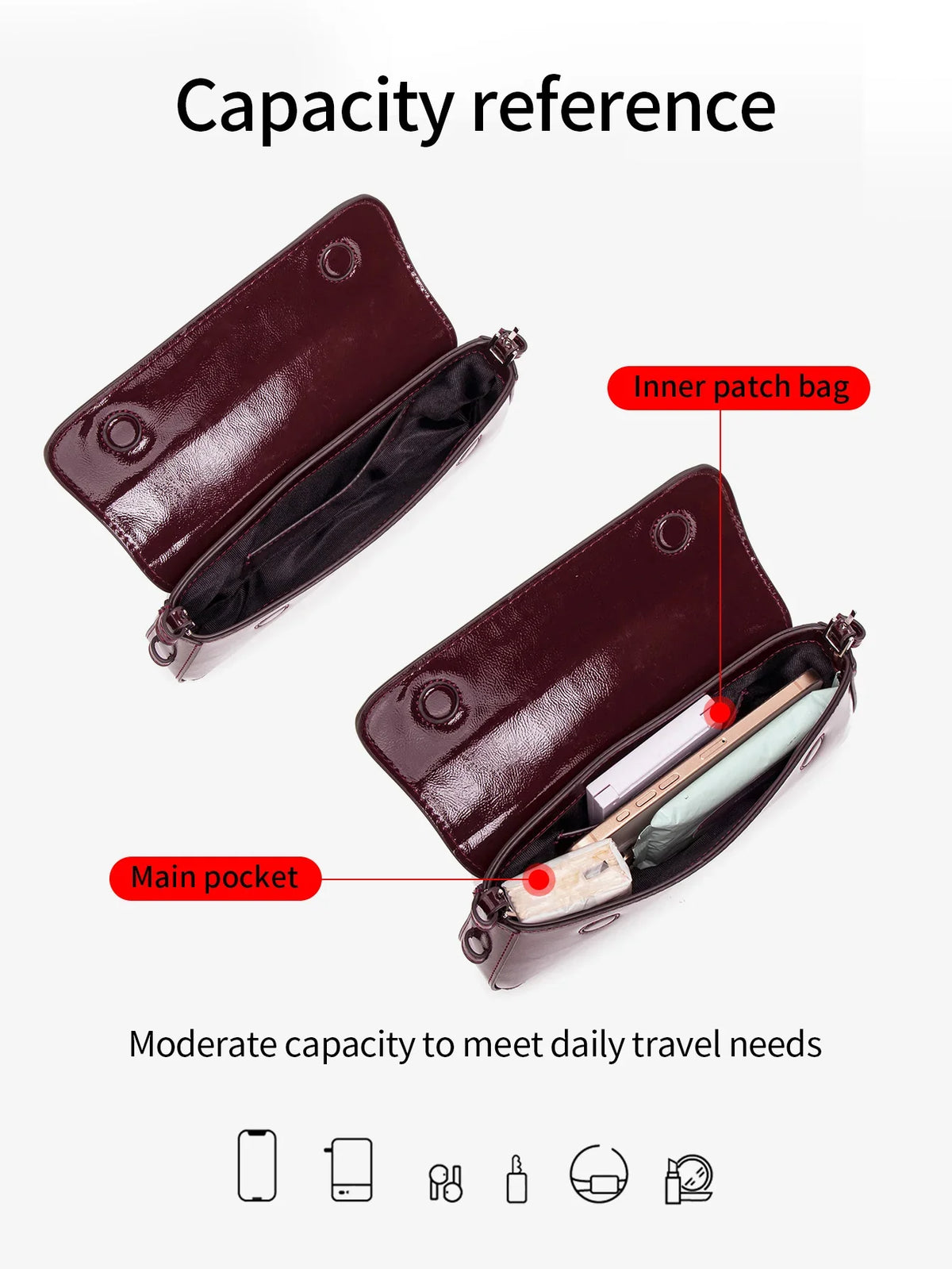 Shiny women's crossbody shoulder bag by NNEOBA featuring a sleek design, adjustable strap, and glossy finish.