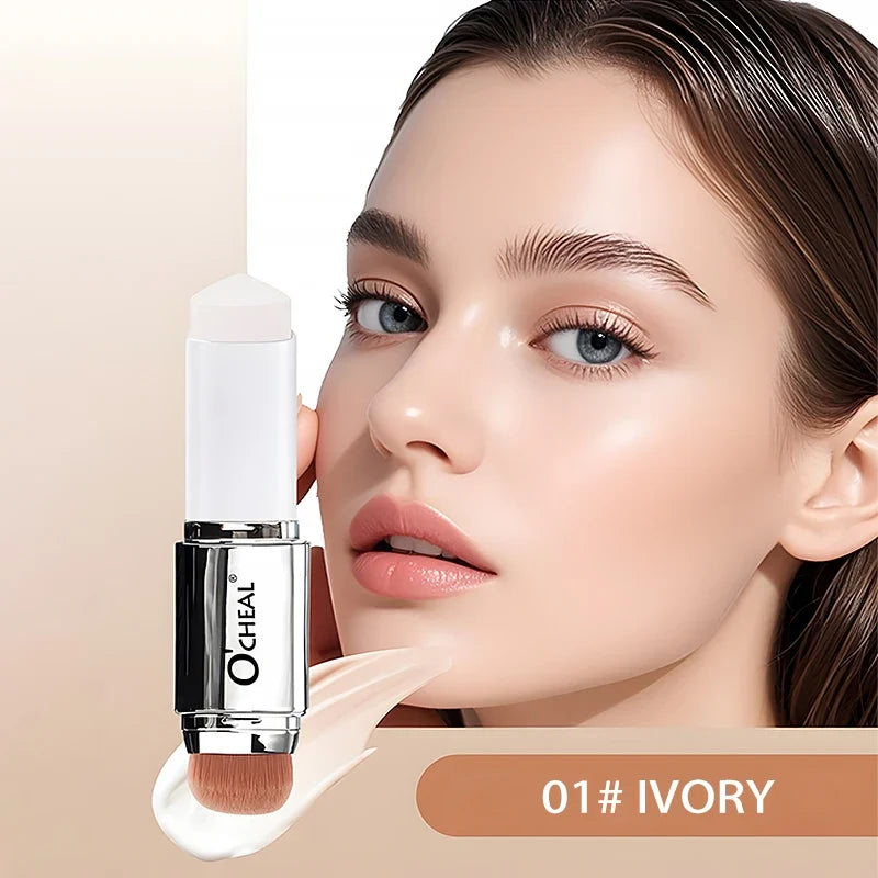 Blushimmer O'CHEAL temperature-changing foundation stick with double-headed design for facial coverage, blemishes, and pore minimization.