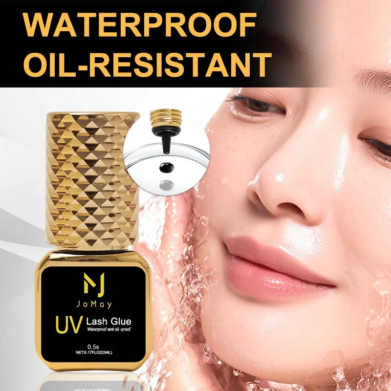 JOMAY black eyelash extension glue by Blushimmer, fast-drying UV lash adhesive with applicator and remover, shown in a sleek bottle