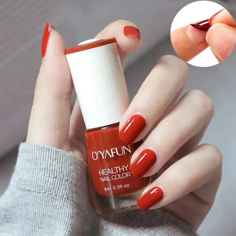 Blushimmer 8ml matte waterproof nail polish with glitter, quick-dry UV varnish, no-bake formula, featuring tearable design.