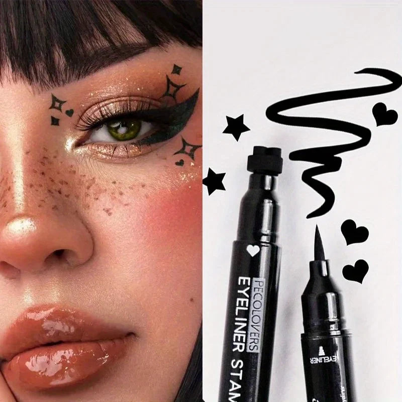 Black waterproof 2-in-1 star and moon stamp liquid eyeliner by Blushimmer, shown with stamped celestial designs on skin.