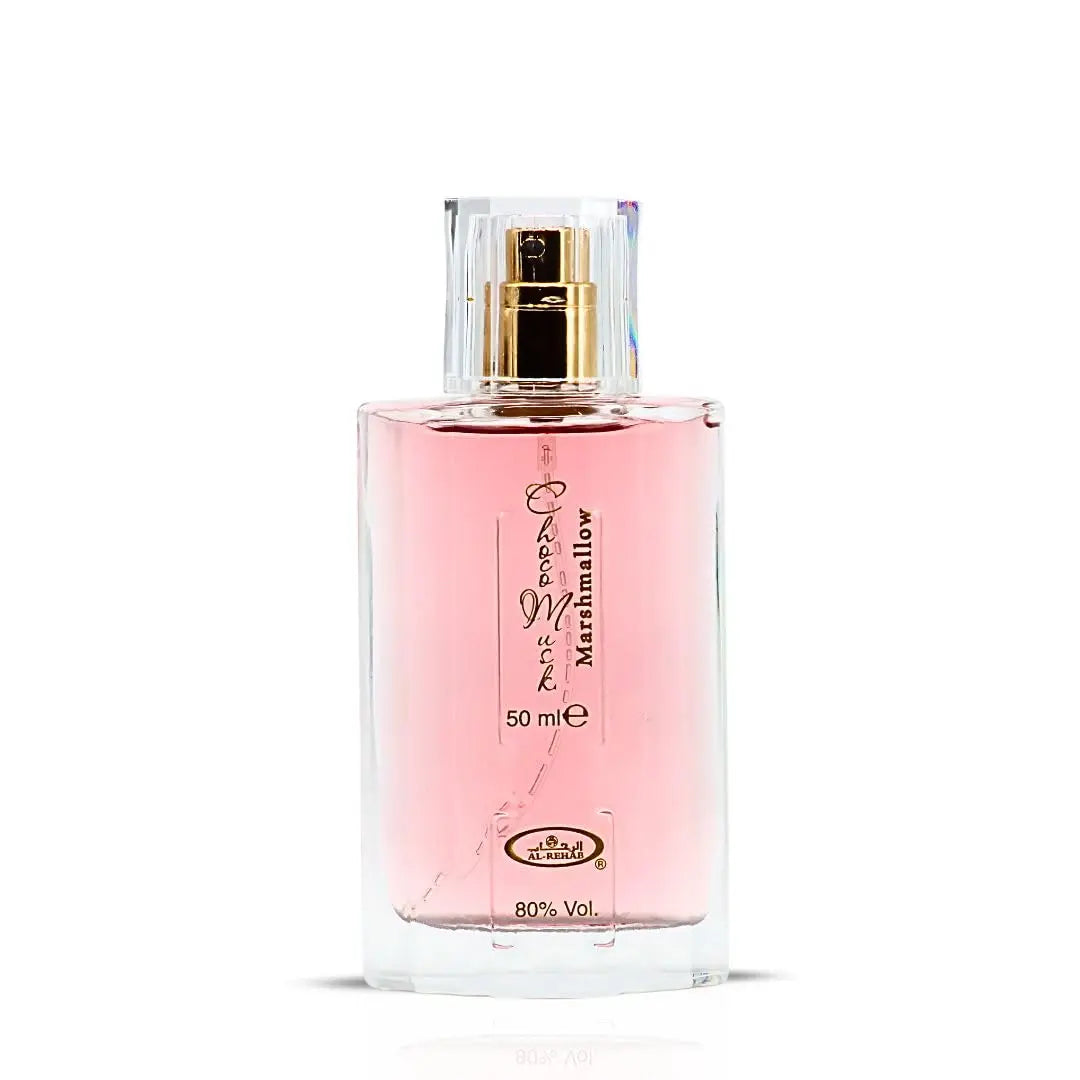 Al-Rehab Choco Musk Marshmallow Eau de Parfum for Women, 50ml, featuring strawberry, marshmallow, and cocoa gourmand scent.