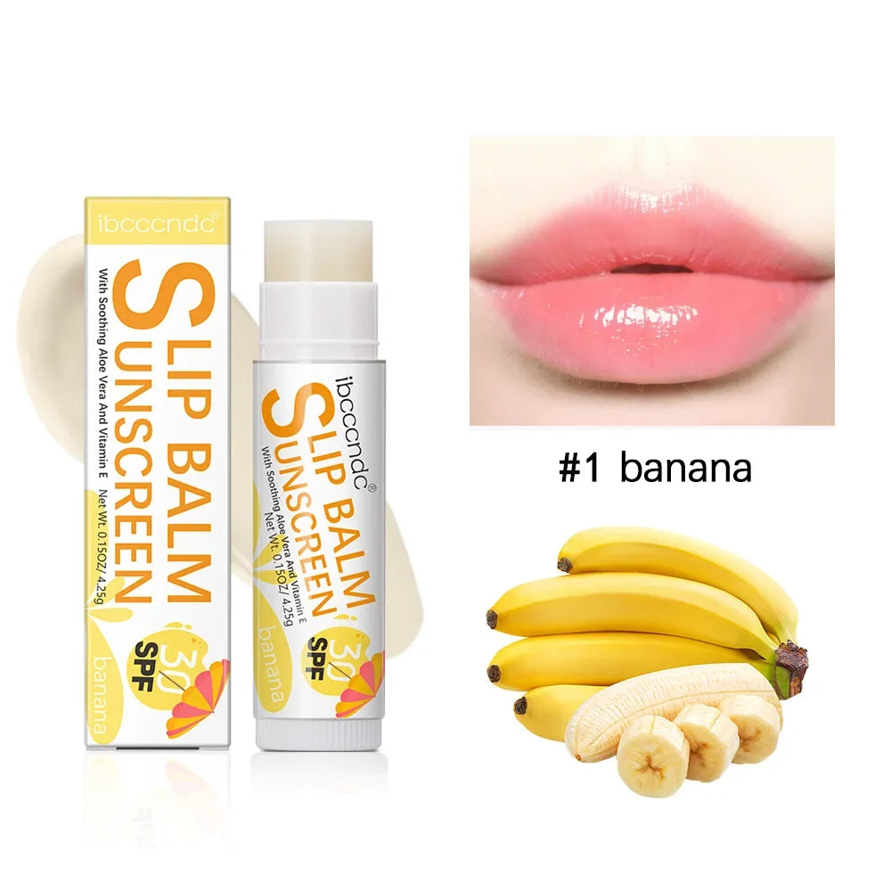 Blushimmer SPF 30 sunscreen lip balm in watermelon coconut banana flavor, moisturizing colorless lipstick for sun protection.