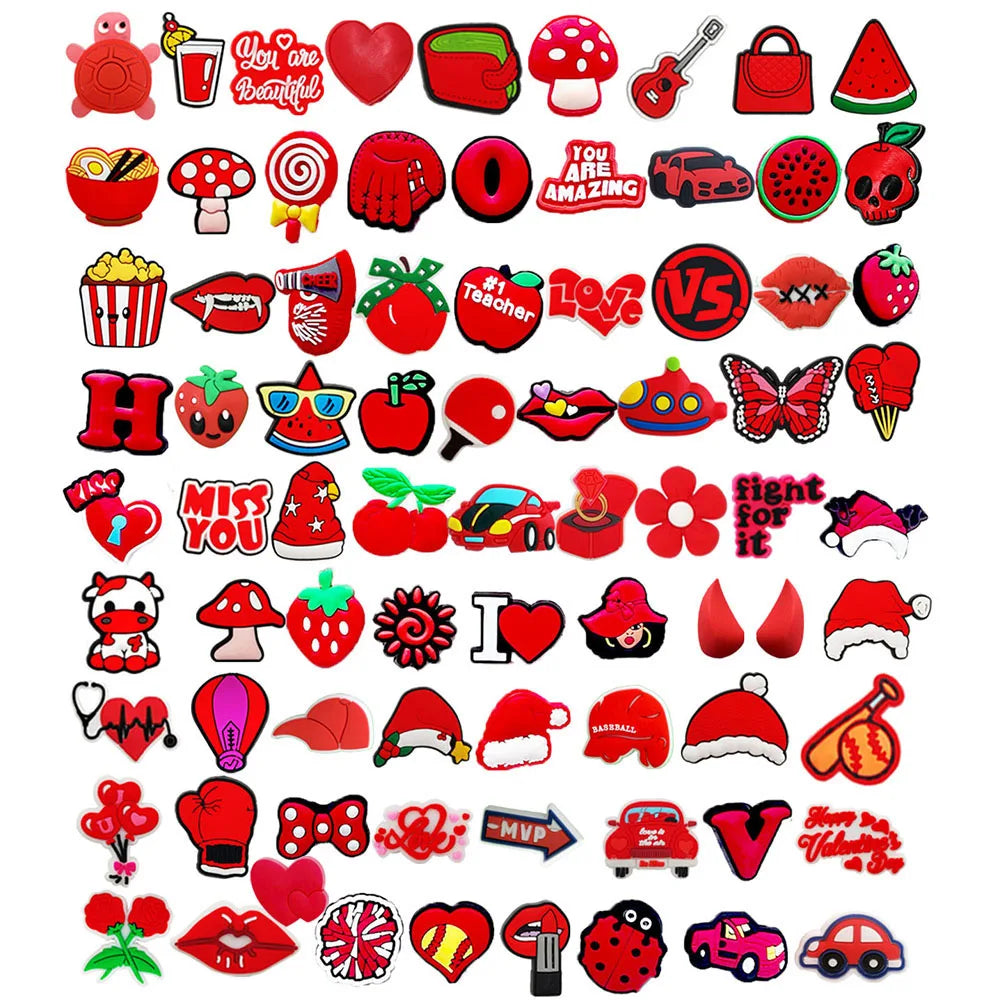 Random 10-30Pcs Red Series Shoe Charms For Shoe Key Chain Sandals Beach Bags, DIY Shoe Decorations Accessories Shoes Pins