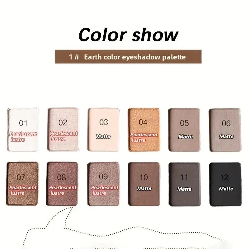 Blushimmer professional 12-color eyeshadow palette with shimmer and matte nude shades for natural eye makeup looks.