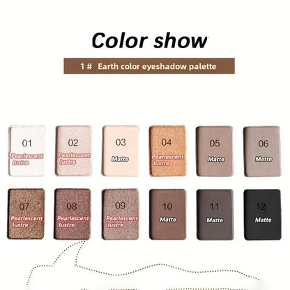 Blushimmer professional 12-color eyeshadow palette with shimmer and matte nude shades for natural eye makeup looks.