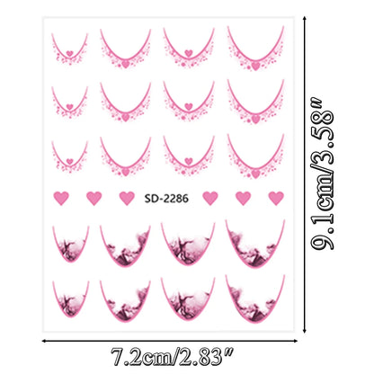 Set of 12 Blushimmer gradient French tip nail stickers with heart designs and self-adhesive decals for DIY nail art in 12 colors.