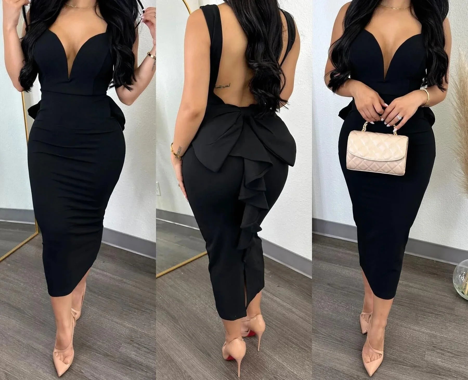 XTOCEAN Dress for Women Streetwear Elegant Solid Color Hip Wrap Open Back Deep V High Waist Split Bodycon Dresses