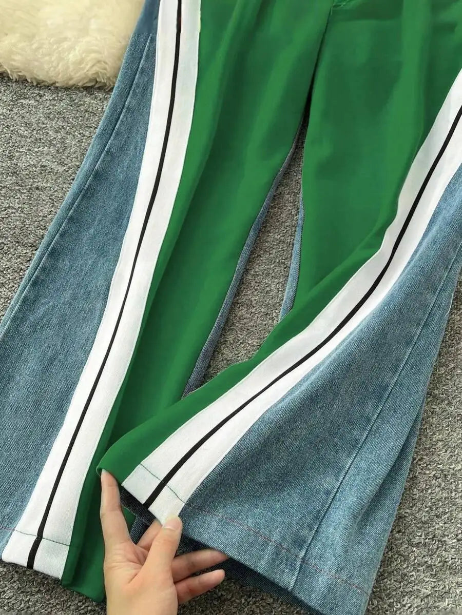 BWQ Women's Denim Patchwork Co-Ord Set - Matching Jeans Set With Color Block Design | Long Sleeve Tracksuit & Contrast Stitching