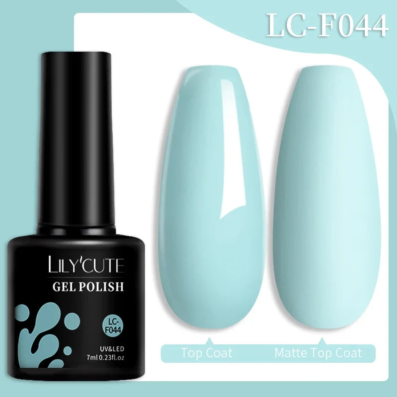 Colorful Lilycute 7ml gel nail polish in various shades, featuring long-lasting semi-permanent base, top coat, and UV gel varnish