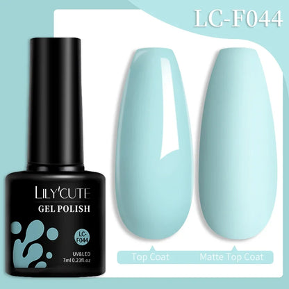 Colorful Lilycute 7ml gel nail polish in various shades, featuring long-lasting semi-permanent base, top coat, and UV gel varnish