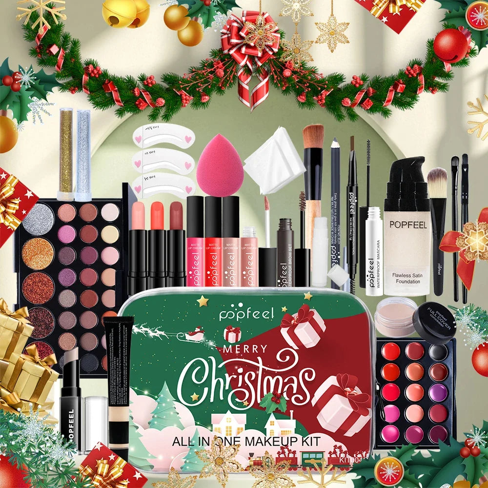 Blushimmer POPFEEL Christmas makeup set with eyeshadow, foundation, and lipstick for holiday and everyday glam looks.