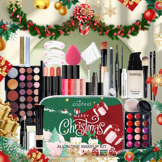 Blushimmer POPFEEL Christmas makeup set with eyeshadow, foundation, and lipstick for holiday and everyday glam looks.