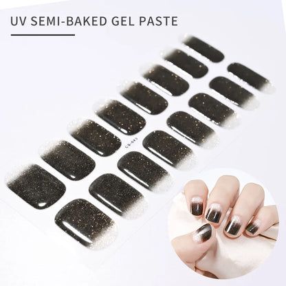 Blushimmer 16Tips glitter semi-cured gel UV sticker with 3D French gradient design and shiny glitter powder for nail art.