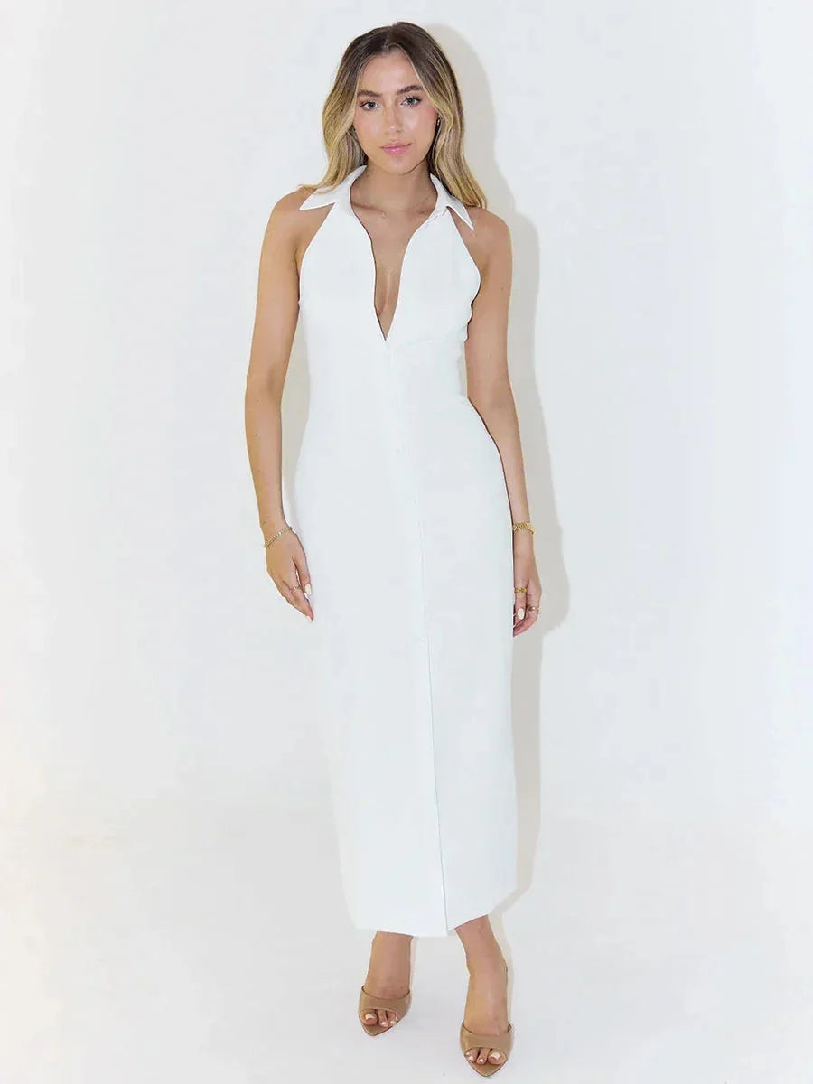 Luxlife Brands Sasha summer slim fit maxi dress in lightweight fabric, featuring a flowy silhouette and stylish neckline.