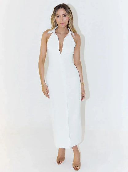 Luxlife Brands Sasha summer slim fit maxi dress in lightweight fabric, featuring a flowy silhouette and stylish neckline.