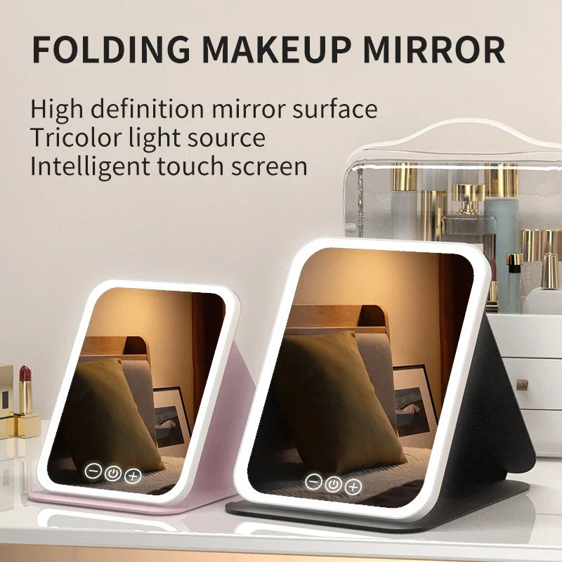 Blushimmer dimmable LED makeup mirror with touch screen, foldable design, rechargeable, in three colors for travel and home use.