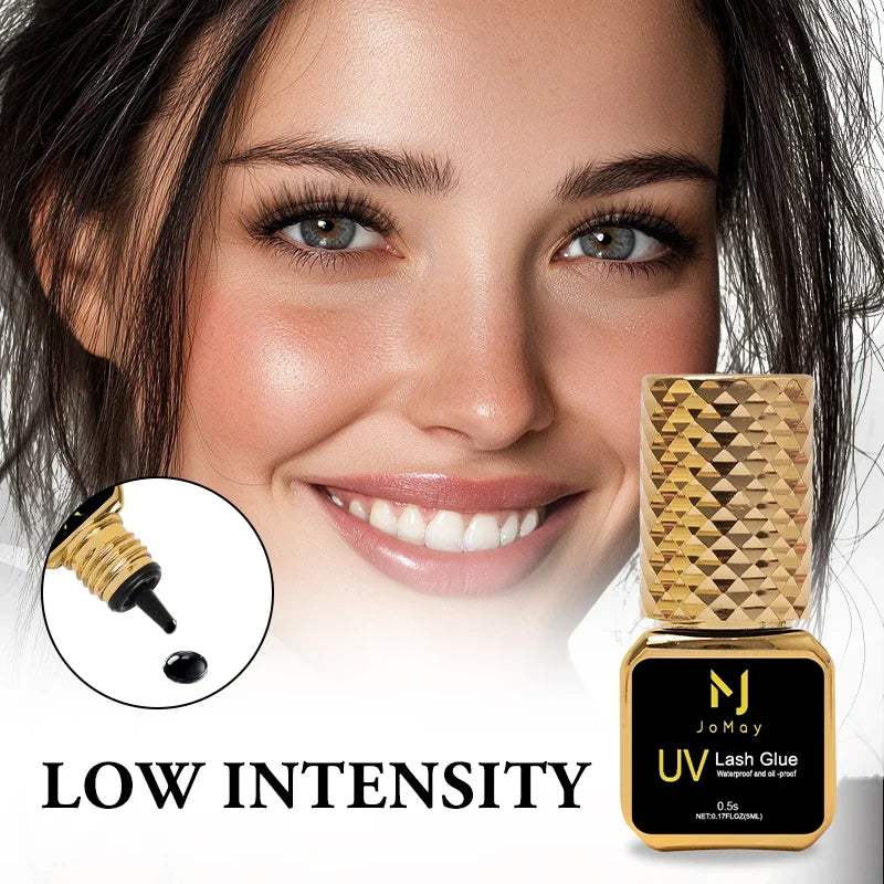 JOMAY black eyelash extension glue by Blushimmer with fast 0.5-second dry time, UV-resistant formula, and lash remover.