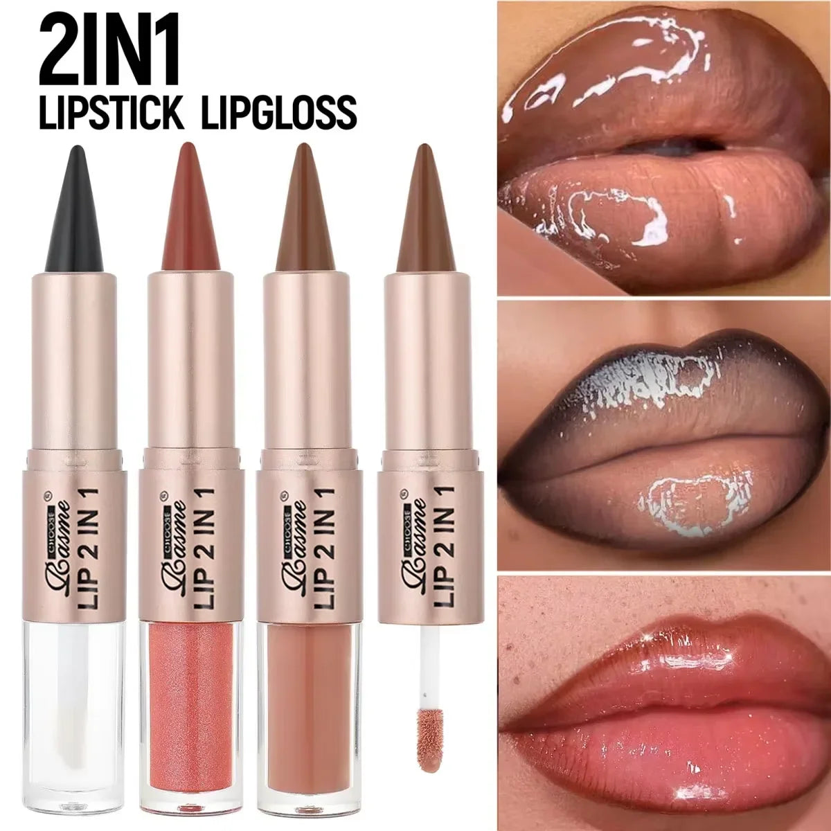 Blushimmer 2-in-1 lipstick and lip gloss with dual-end design, waterproof, long-lasting, moisturizing, glossy finish for plump lips