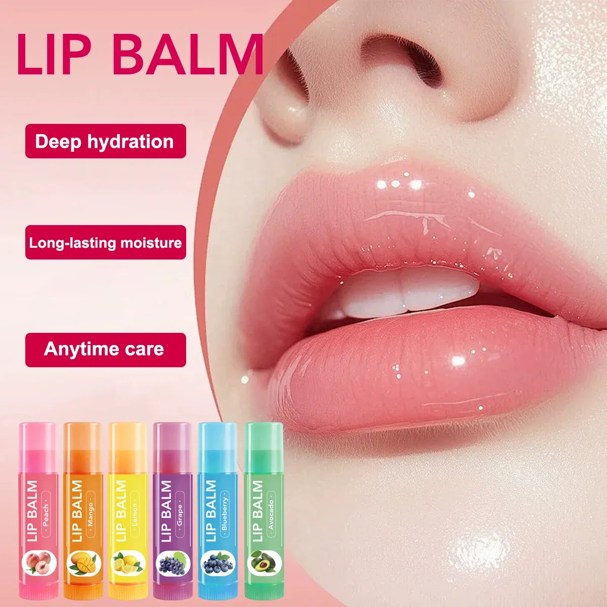 Six colorful fruit-shaped lip balms from Blushimmer in a cute gift set, perfect for Christmas or birthdays for girls and friends.