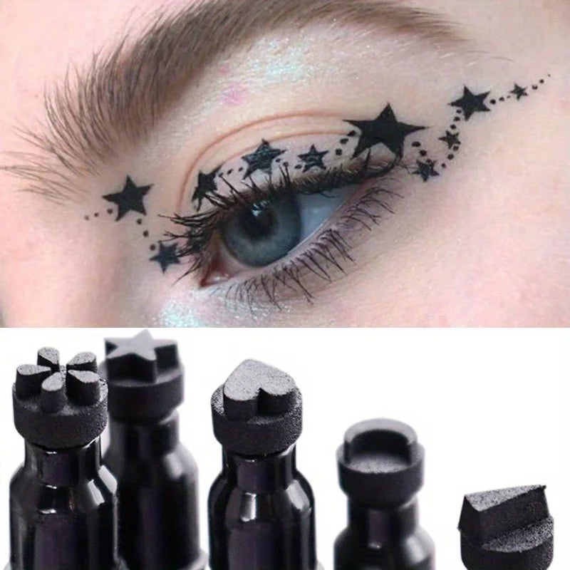 Black liquid eyeliner with star and moon stamp tips from Blushimmer, waterproof and ideal for creative eye makeup looks.