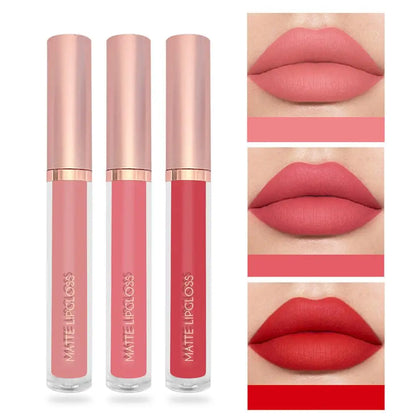 Set of three nude matte velvet liquid lipsticks by Blushimmer, waterproof, long-lasting, non-stick lip gloss for women.