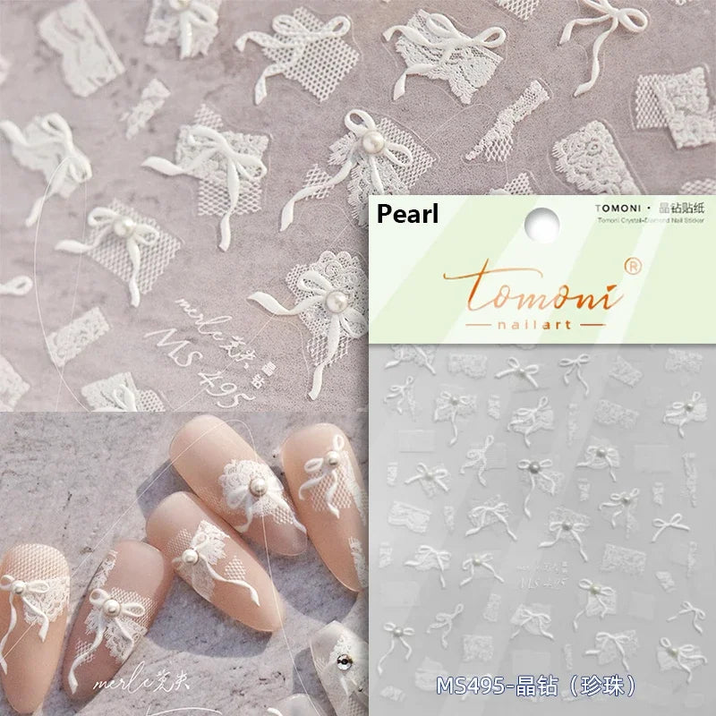 French leopard print lace ribbon nail art stickers with rhinestones and pearls for manicure decoration by Blushimmer.