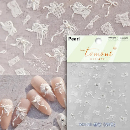 French leopard print lace ribbon nail art stickers with rhinestones and pearls for manicure decoration by Blushimmer.