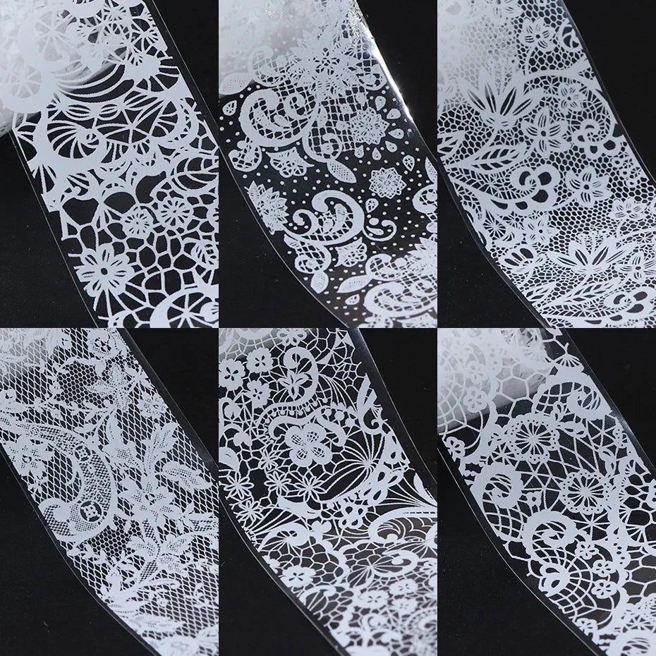 Box of 10 rolls of white and black lace nail art foil transfer stickers for DIY manicure nail decoration by Blushimmer
