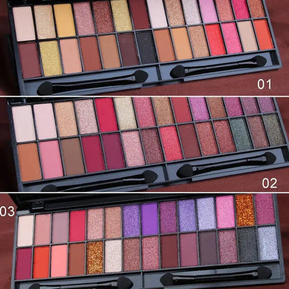 Blushimmer matte shimmer eyeshadow palette with 28 waterproof long-lasting colors and dual-ended brush for professional makeup.