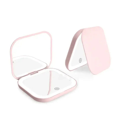Blushimmer compact LED mirror with lights, folding design, 1X/2X magnification, portable travel makeup mirror in small size.