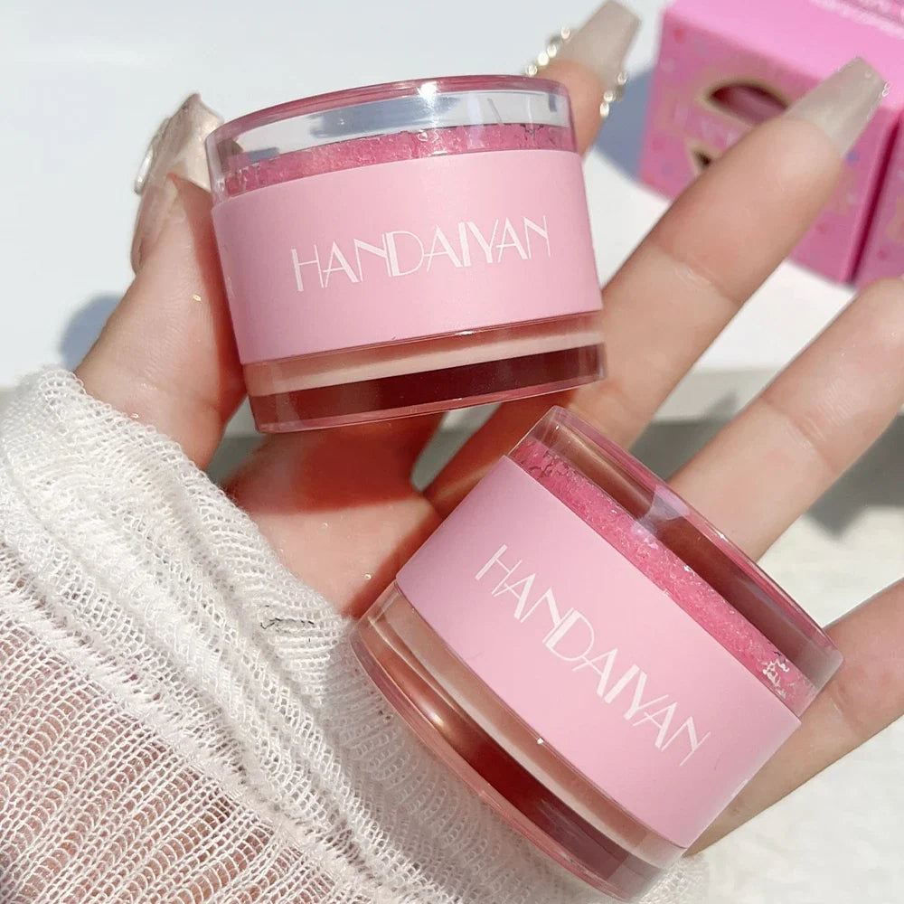 Blushimmer lip scrub and pink lips balm with exfoliating and moisturizing ingredients to brighten dark lips and reduce pigmentation.