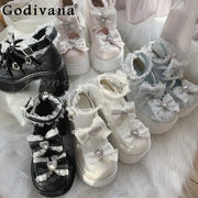 Japanese Style Mine Subculture Lolita High Heels Women's Sweet Girls Bowing Platform Heels Ladies Mary Jane Shoes Spring Summer