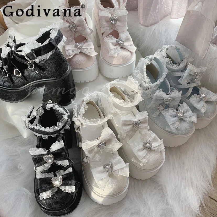 Japanese Style Mine Subculture Lolita High Heels Women's Sweet Girls Bowing Platform Heels Ladies Mary Jane Shoes Spring Summer
