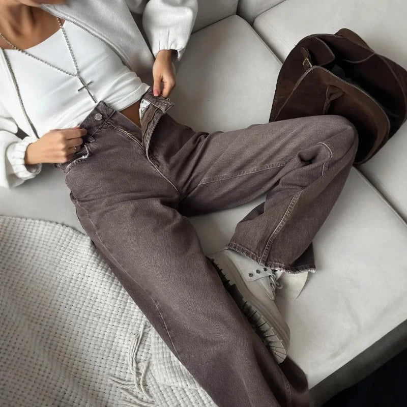 2025 New Retro Loose Casual Pants Women's Four Seasons Versatile High Waist Brown Straight Leg Jeans
