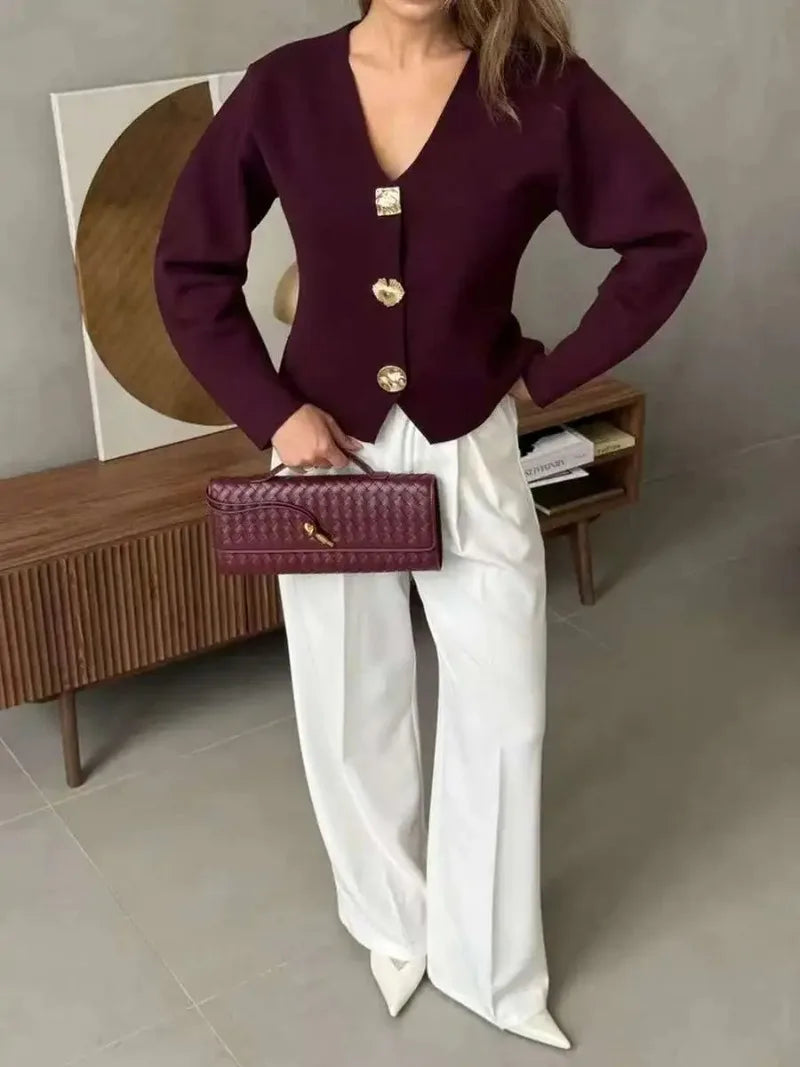 Fashion Simple Commuting Button V-neck Short Knitted Cardigan 2025 New Autumn and Winter Women's Solid Long-sleeved Sweater