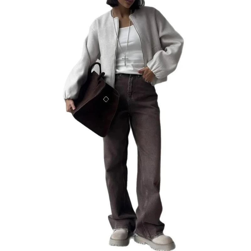 2025 New Retro Loose Casual Pants Women's Four Seasons Versatile High Waist Brown Straight Leg Jeans