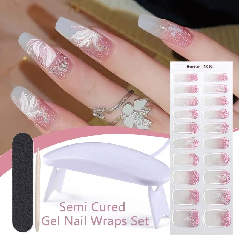 Blushimmer Harunouta 4-piece set of gradient nude pink semi-cured gel nail strips with waterproof finish and nail lamp for long-lasting manicure.